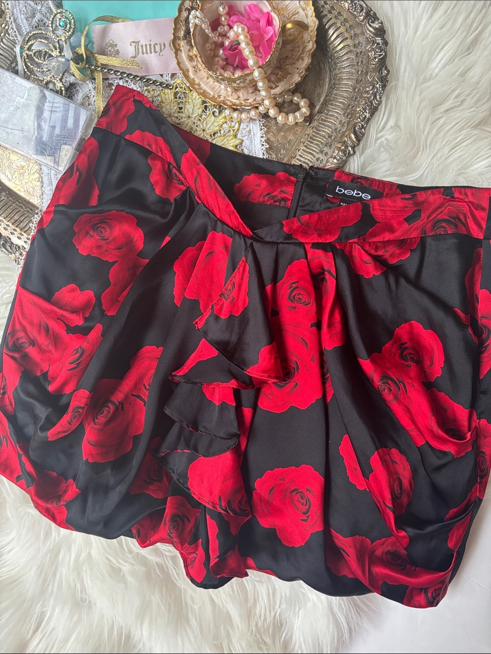 Y2K Bebe Silk Mini Skirt Rose Red Floral
Print Ruffle High Waisted 10 Baddie Hot
